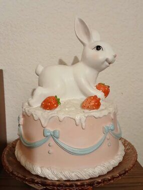 Cute Bunny on Strawberry Cake Ceramic Figurine Decor